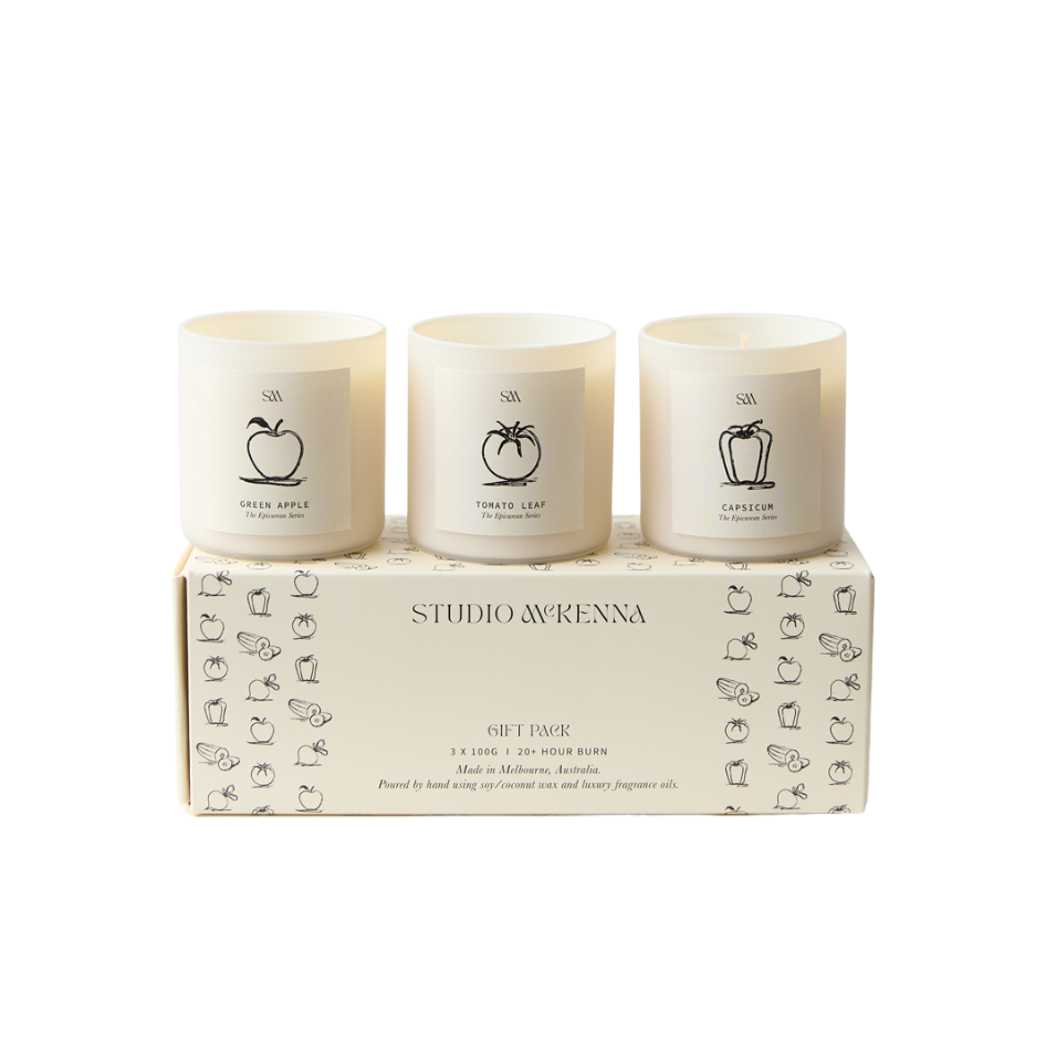 Epicurean Candle Gift Set with Beetroot, Capsicum & Green Apple boxed and ready for gifting