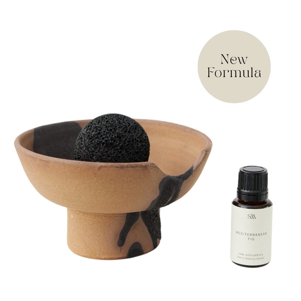 Studio McKenna Mediterranean Fig Lahar Diffuser set with ceramic tray, volcanic rock, and fragrance oil dropper