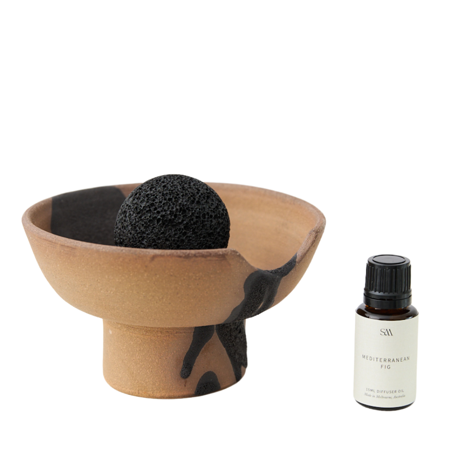 Studio McKenna Mediterranean Fig Lahar Diffuser set with ceramic tray, volcanic rock, and fragrance oil dropper