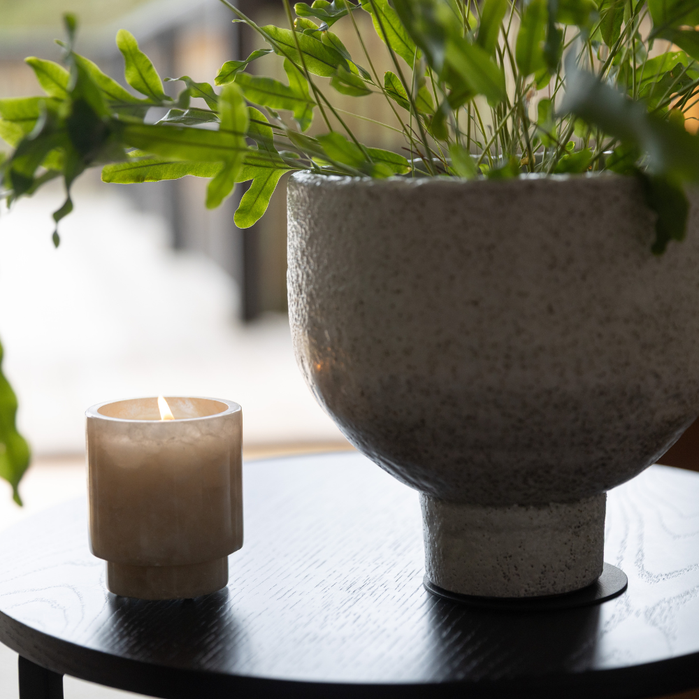 Close-up of The Foundry Ambiente Alabaster Candle showing natural veining and stone texture
