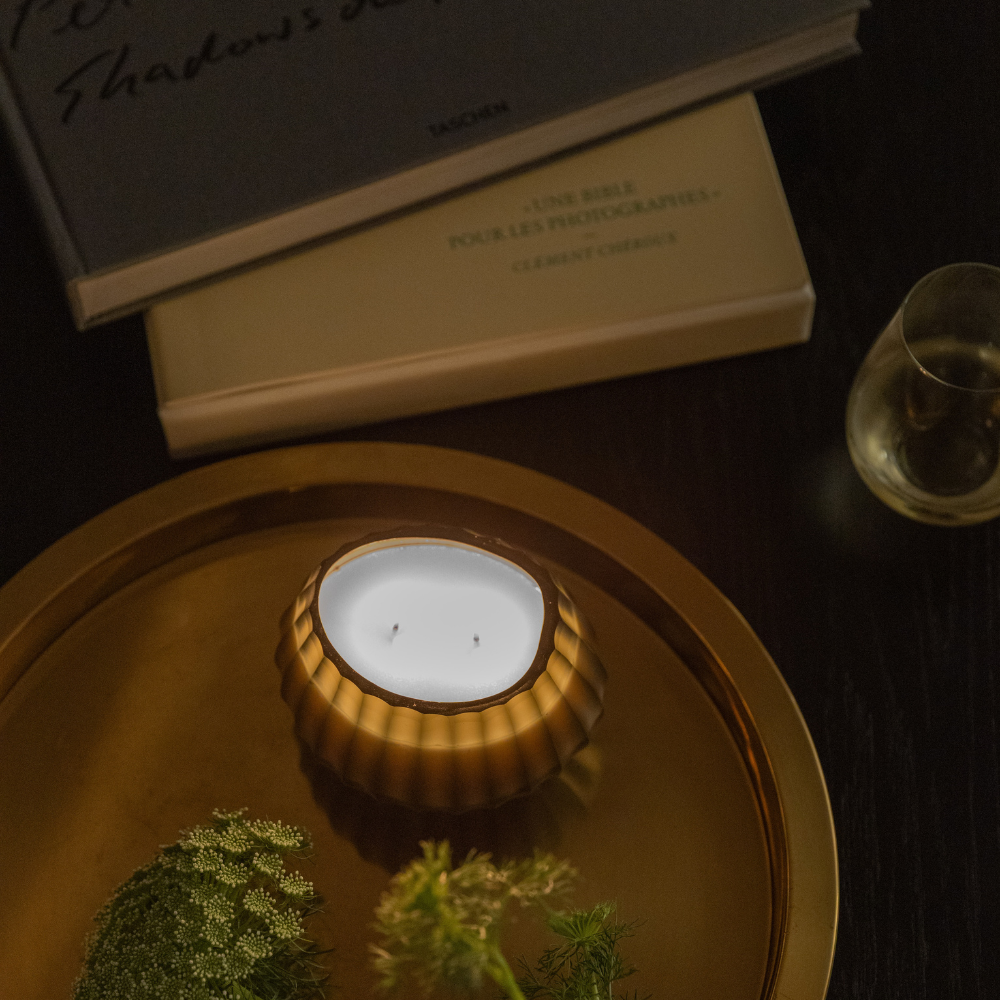 Aura Amber Candle by The Foundry x Studio McKenna in hand-carved glass, perfect for gifting