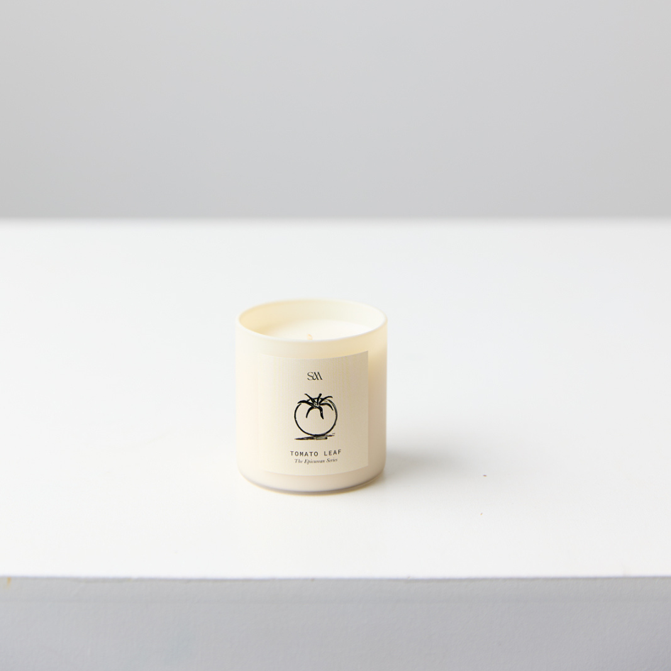 Close-up of Tomato Leaf Candle label from Studio McKenna Epicurean Series