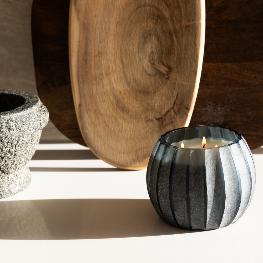 Atolla Blue Bottle Candle by The Foundry x Studio McKenna in sapphire blue glass, perfect for gifting