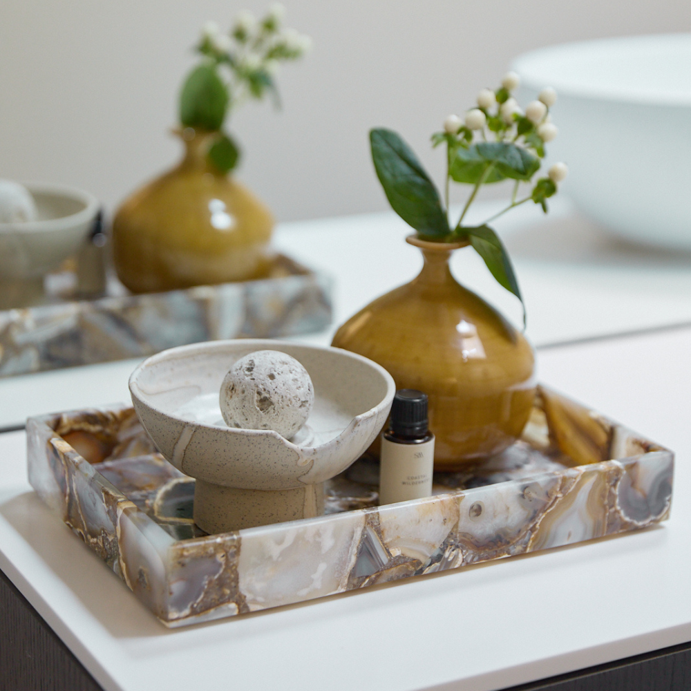 Lunara Diffuser paired with Studio McKenna Coastal Wilderness fragrance oil — ceramic tray with pumice stone