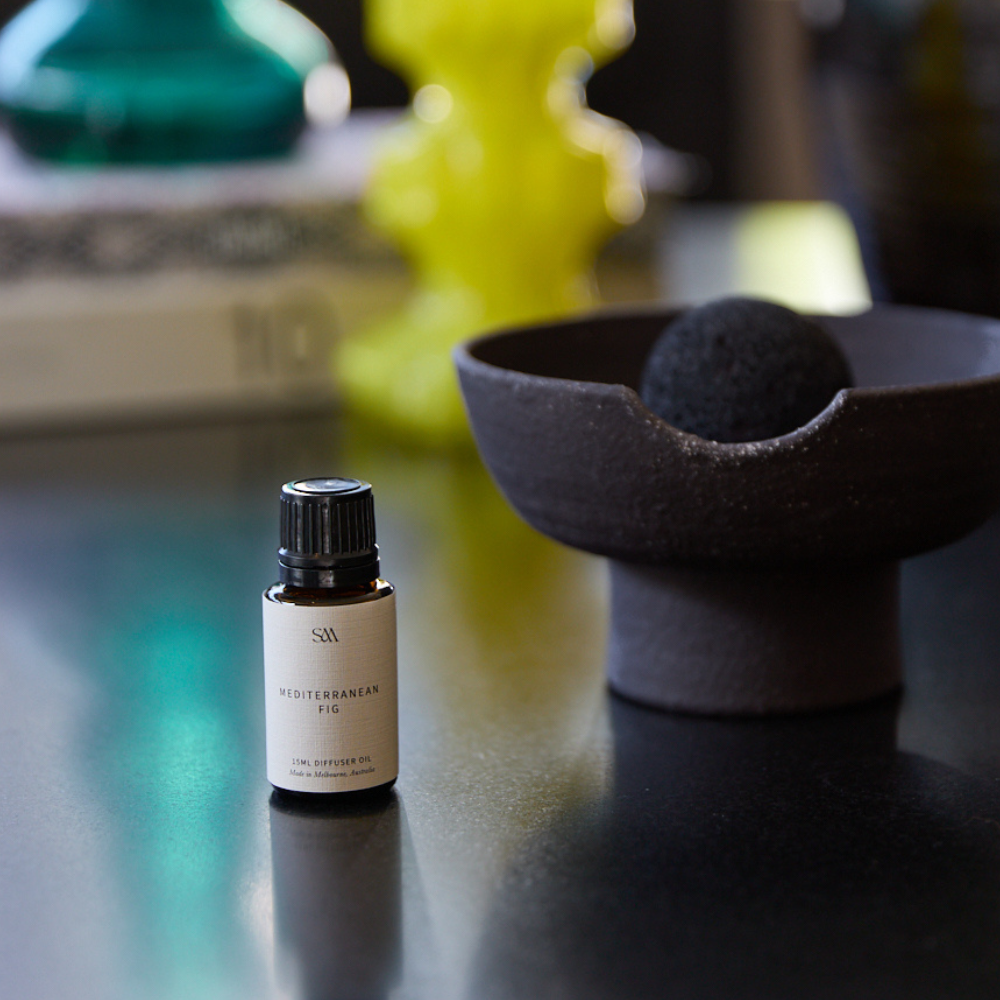 Close-up of Mediterranean Fig Obsidian Fragrance Oil bottle showing label details