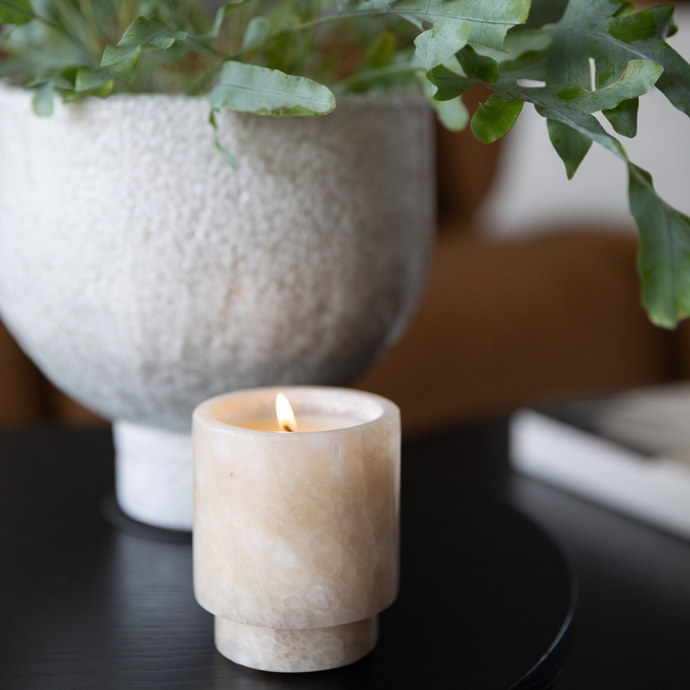 Ambiente Alabaster Candle styled in soft, ambient light showing alabaster’s natural translucence