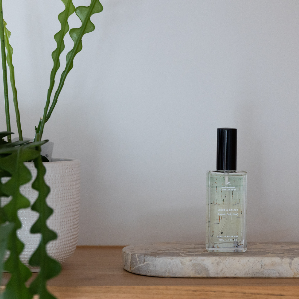 Lightly Salted Interior Spray styled on a coastal-inspired interior shelf with soft natural light